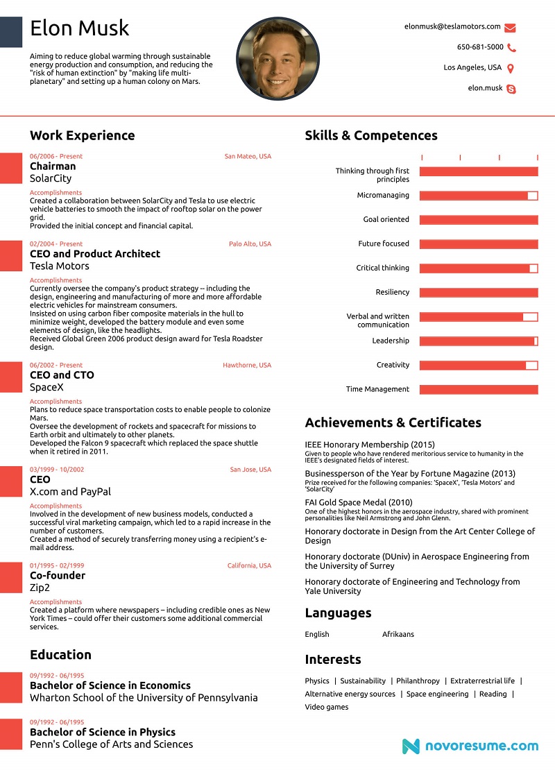 Elon Musk One Page Resume
